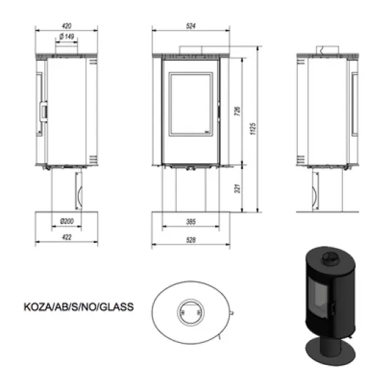 Печь-камин KOZA/AB/S/N/O/DR/GLASS (сталь, поворотная) (8 кВт) 